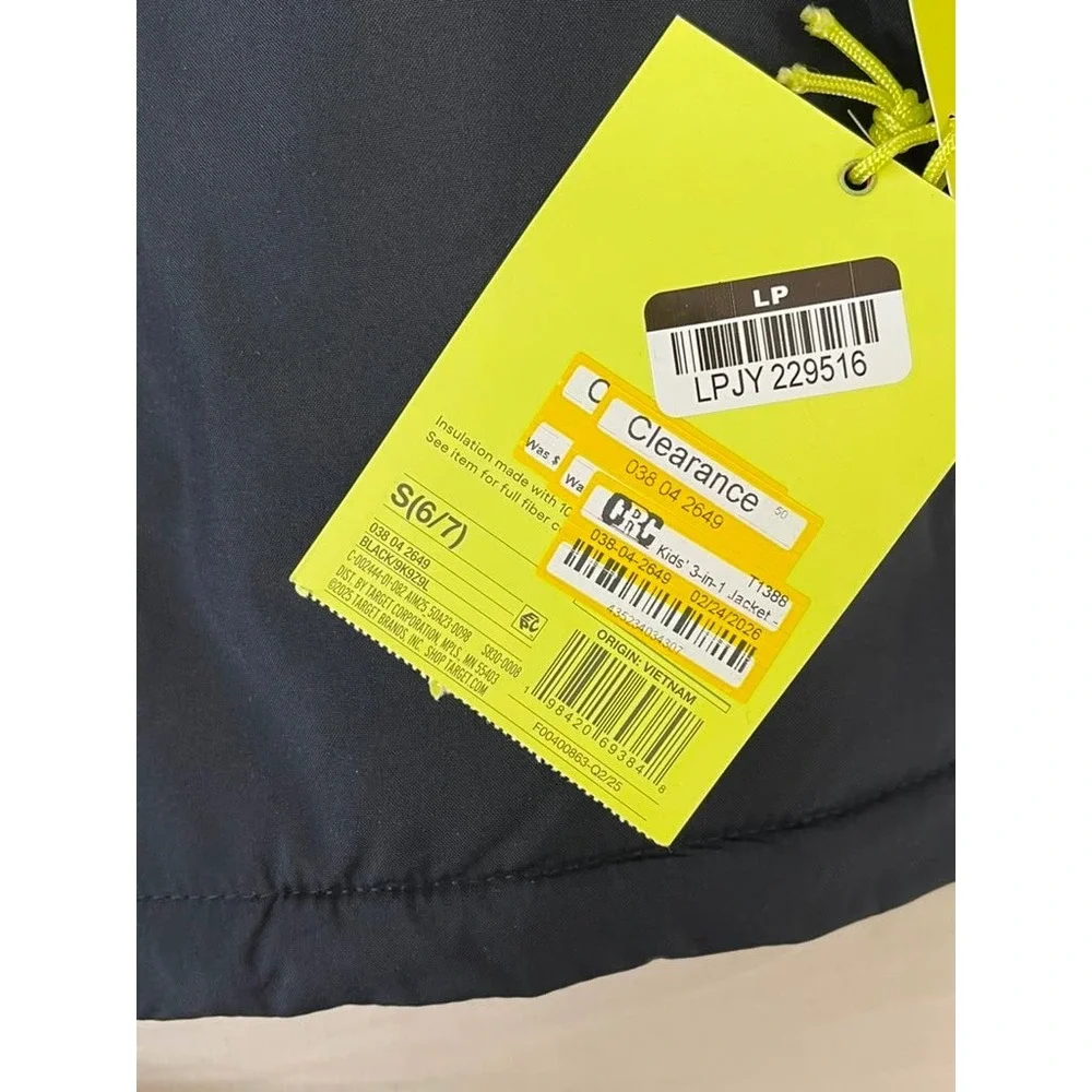 All in Motion Kids 3-in-1 Jacket Black Hooded Winter Coat S 6/7 9K9Z9L NEW